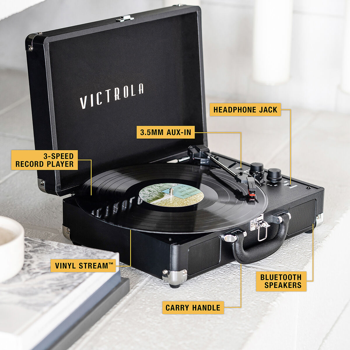 Gira-Discos Portátil Victrola Journey Preto para Ouvir Vinil em Casa ou em Viagem-9