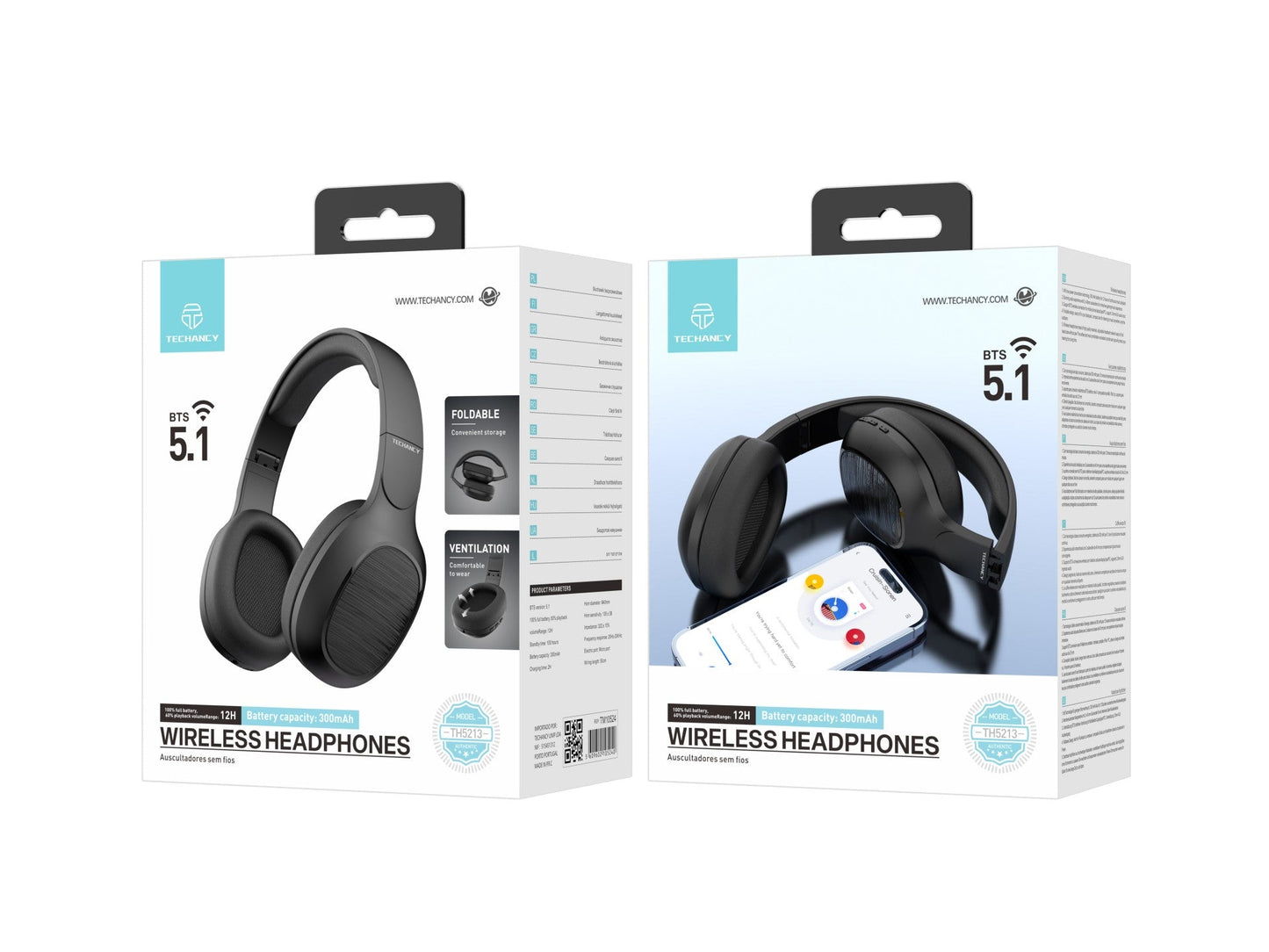 Techancy Auscultadores Sem Fios TH5213, Reprodução De Música 12h, Efeito Estéreo, Design Dobrável, Confortável De Usar.-1