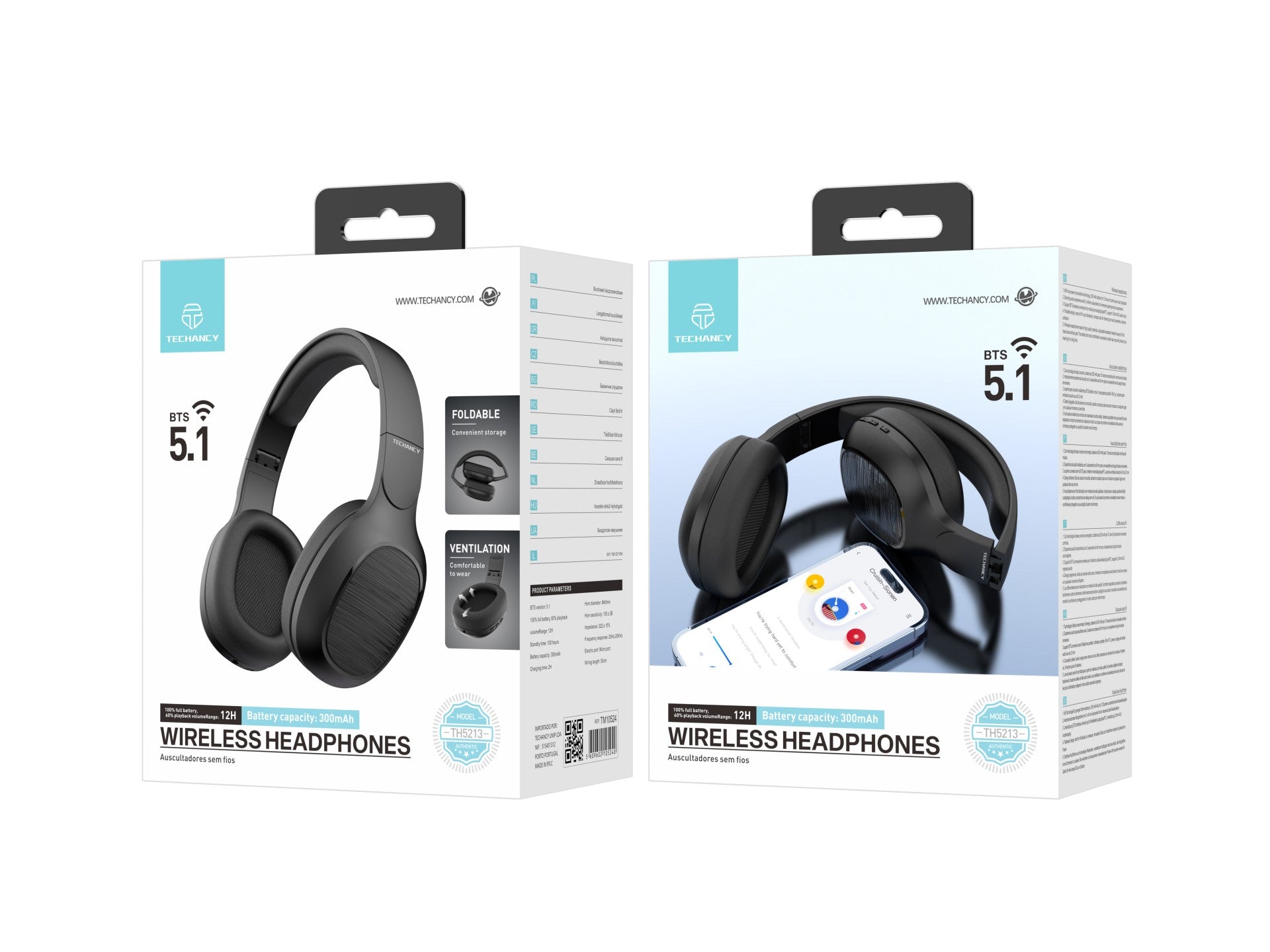 Techancy Auscultadores Sem Fios TH5213, Reprodução De Música 12h, Efeito Estéreo, Design Dobrável, Confortável De Usar.-1