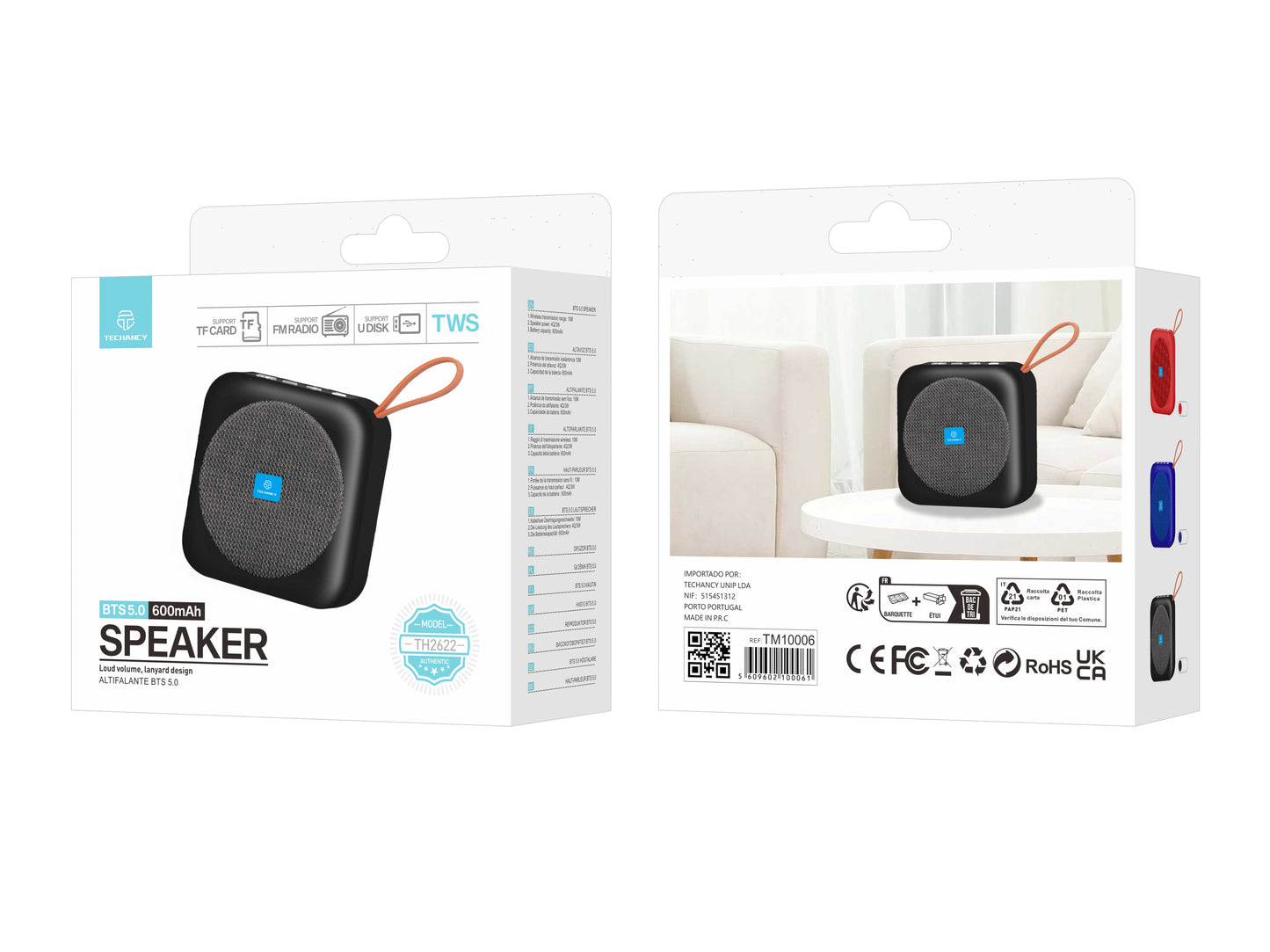 Techancy Altifalante Bluetooth Preto TH2622, Portátil E De Tamanho Compacto, Suporte Tf/Fm/Usb/Tws, Som Potente.-3