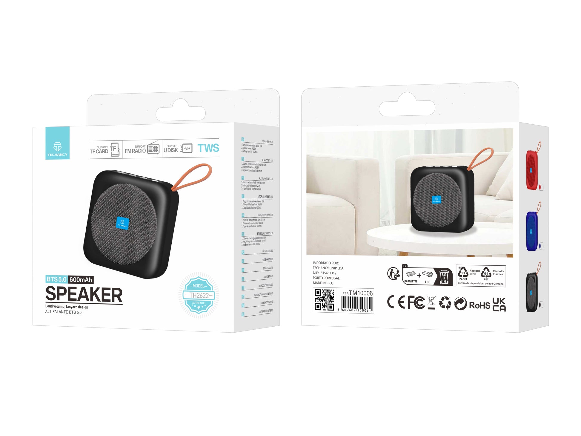 Techancy Altifalante Bluetooth Preto TH2622, Portátil E De Tamanho Compacto, Suporte Tf/Fm/Usb/Tws, Som Potente.-3