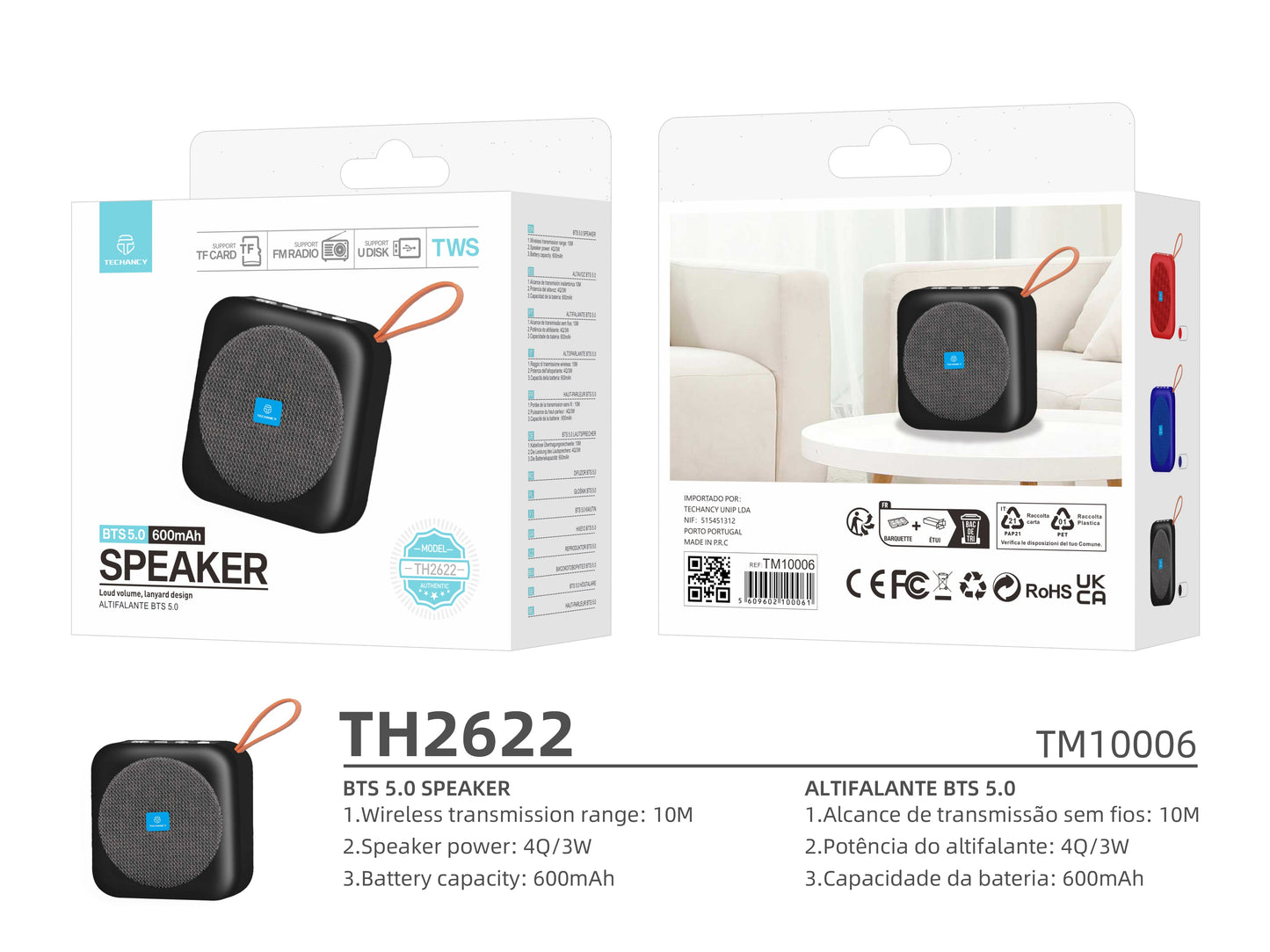 Techancy Altifalante Bluetooth Preto TH2622, Portátil E De Tamanho Compacto, Suporte Tf/Fm/Usb/Tws, Som Potente.-4