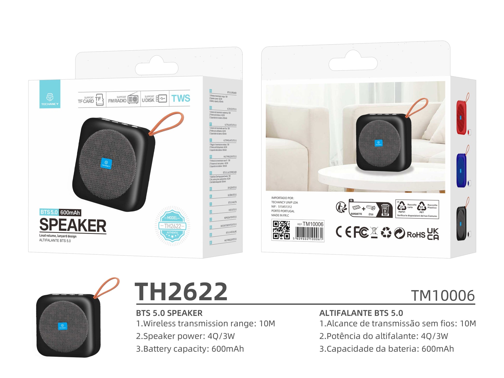 Techancy Altifalante Bluetooth Preto TH2622, Portátil E De Tamanho Compacto, Suporte Tf/Fm/Usb/Tws, Som Potente.-4